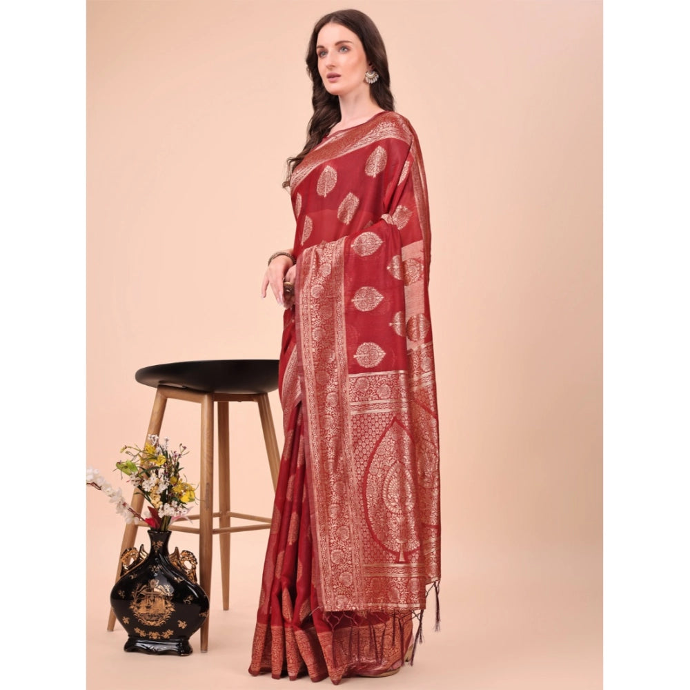 Maroon cotton printed saree with unstitched blouse (5.5mtr), traditional Indian attire on mannequin