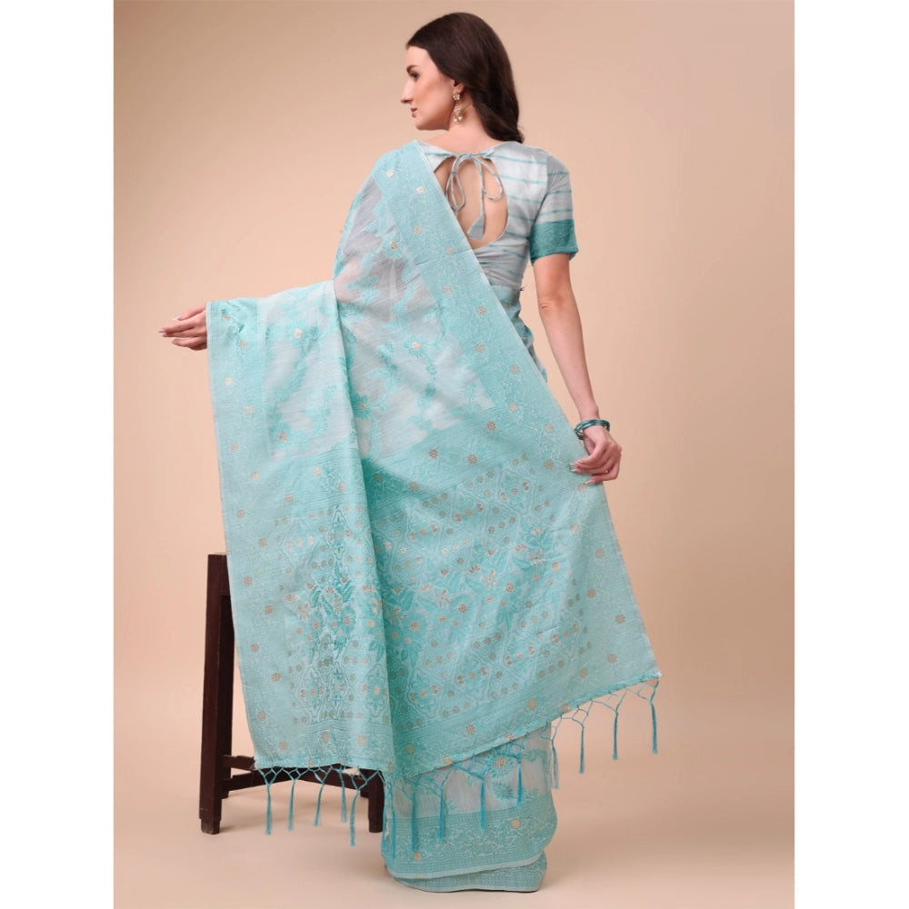 Sky blue cotton printed saree with unstitched blouse (5.5mtr), vibrant Indian fashion for women on display