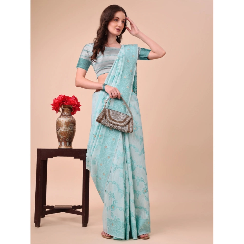 Sky Blue cotton printed saree with unstitched blouse, vibrant design for women's traditional wear