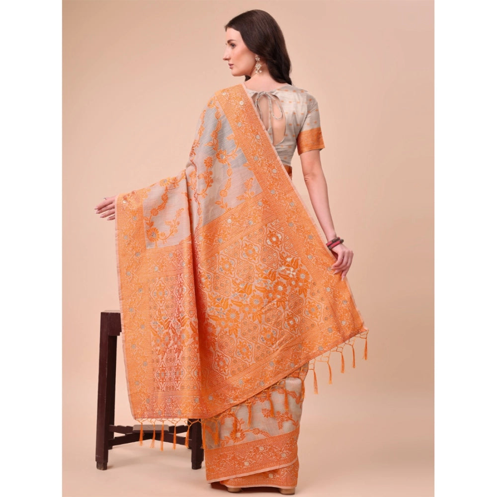 Orange cotton printed saree with unstitched blouse (5.5mtr), vibrant traditional Indian women's wear