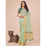 Olive green organza printed saree with unstitched blouse (5.5mtr), vibrant traditional attire for women on display
