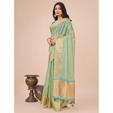 Green organza printed saree with unstitched blouse (5.5Mtr) on model