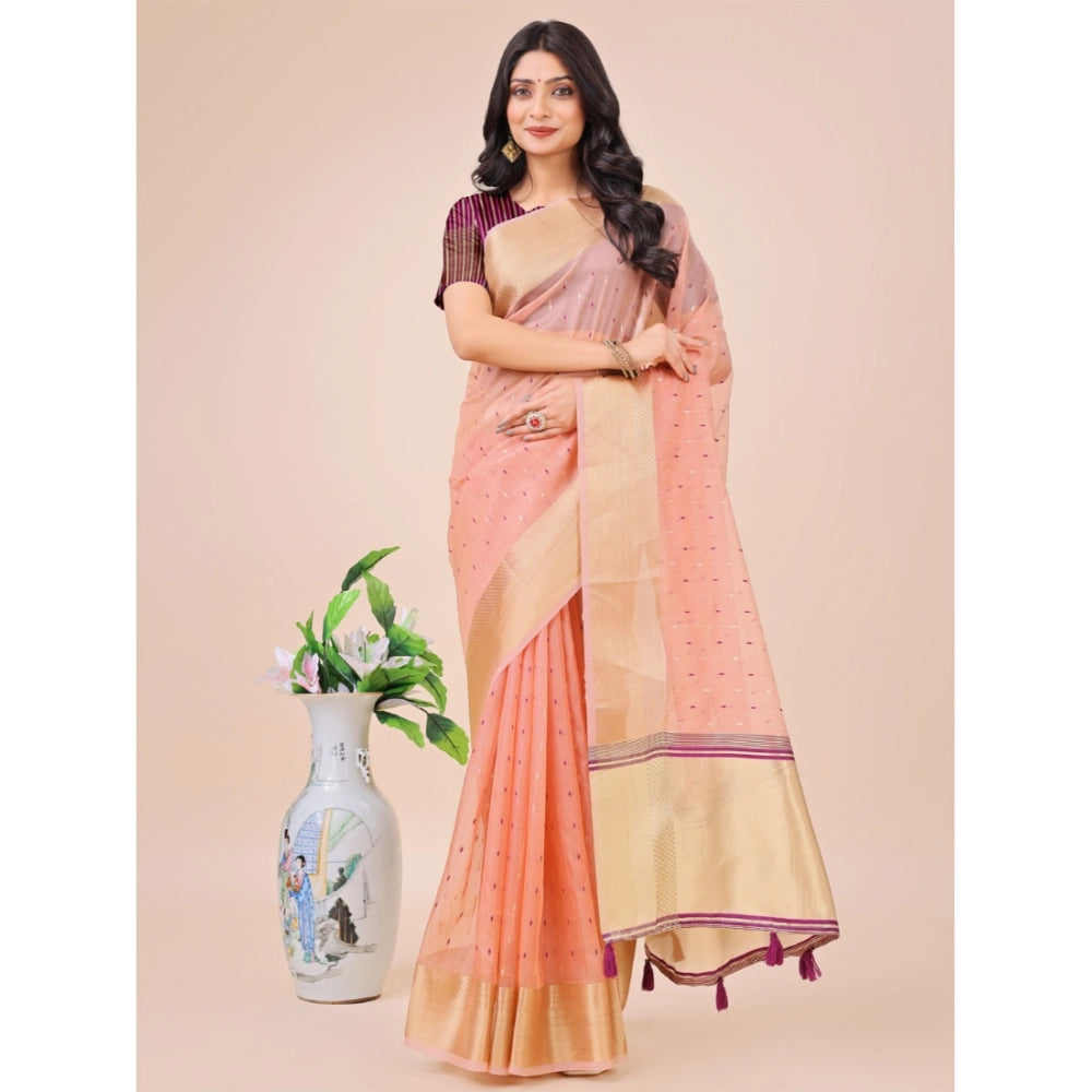 Light pink organza printed saree with unstitched blouse, intricate floral design on display rack