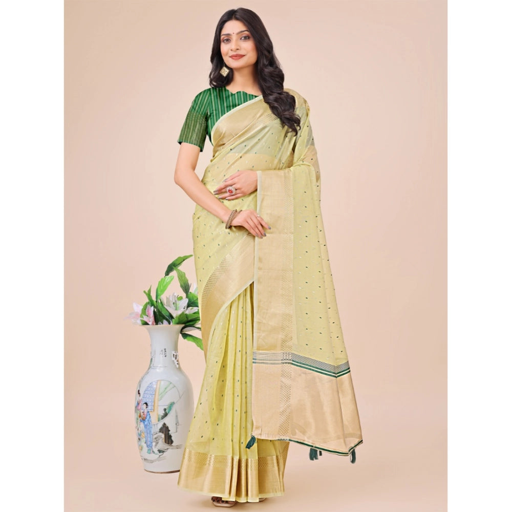 Light Green organza printed saree with unstitched blouse, vibrant floral design on display