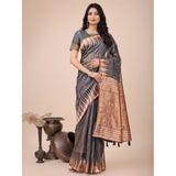 Grey linen-cotton printed saree with unstitched blouse (5.5mtr), traditional Indian fashion accessory