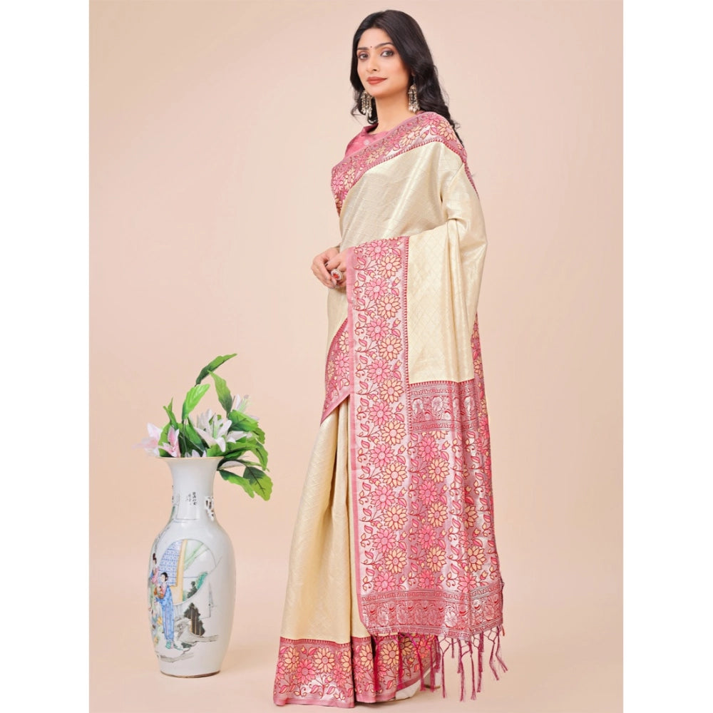 Cream Lichi silk printed saree with unstitched blouse, vibrant floral design for Indian women's traditional wear