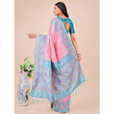 Pink lichi silk printed saree with unstitched blouse, 5.5mtr length