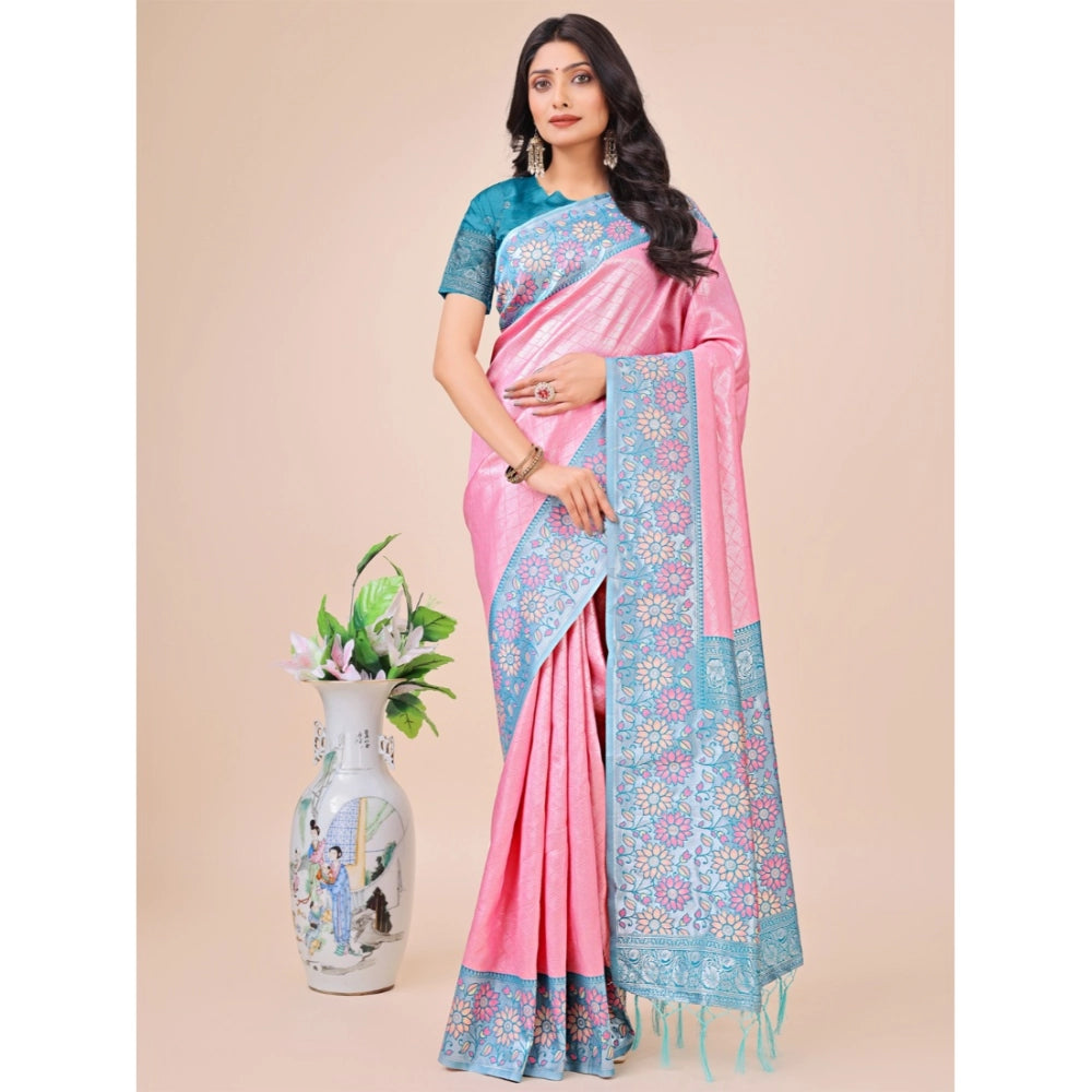 Women's pink lichi silk printed saree with unstitched blouse, 5.5mtr