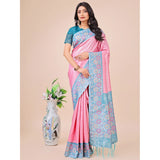 Women's pink lichi silk printed saree with unstitched blouse, 5.5mtr