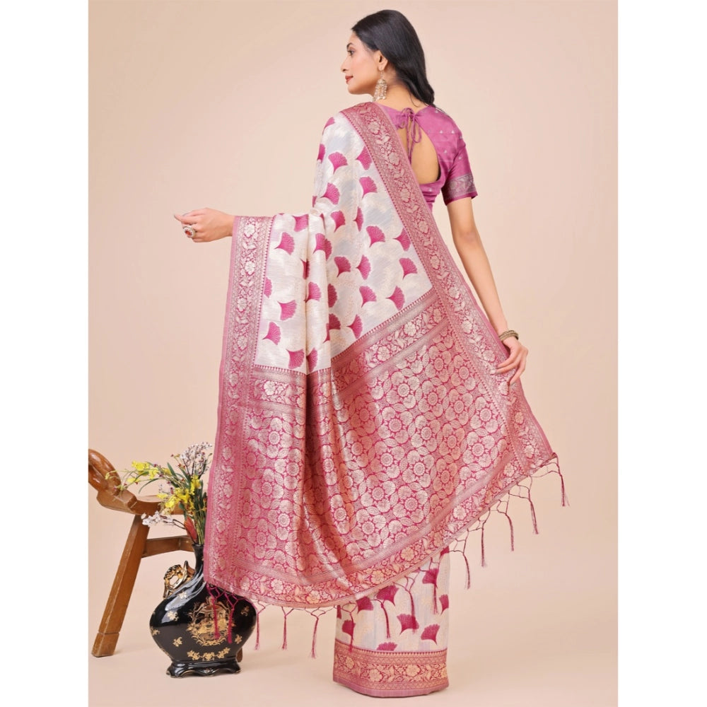 Magenta linen-cotton printed saree with unstitched blouse, vibrant ethnic wear for women