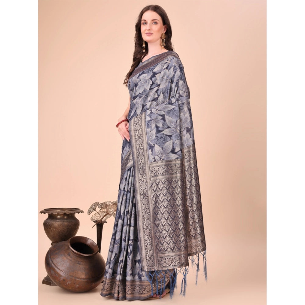 Navy blue cotton printed saree with unstitched blouse (5.5mtr), vibrant traditional Indian wear