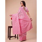 Pink cotton printed saree with unstitched blouse (5.5mtr), vibrant pattern for women's traditional Indian wear