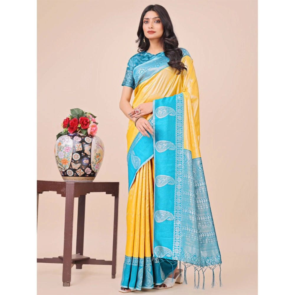 Yellow lichi silk printed saree with unstitched blouse, vibrant silk detailing on traditional Indian wear