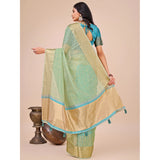 Green organza printed saree with unstitched blouse, vibrant design on display