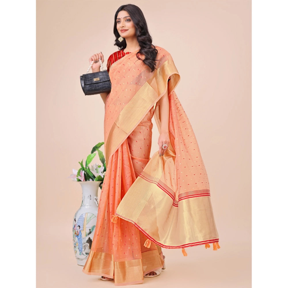 Peach organza printed saree with unstitched blouse (5.5Mtr), showcasing vibrant floral design on a delicate background