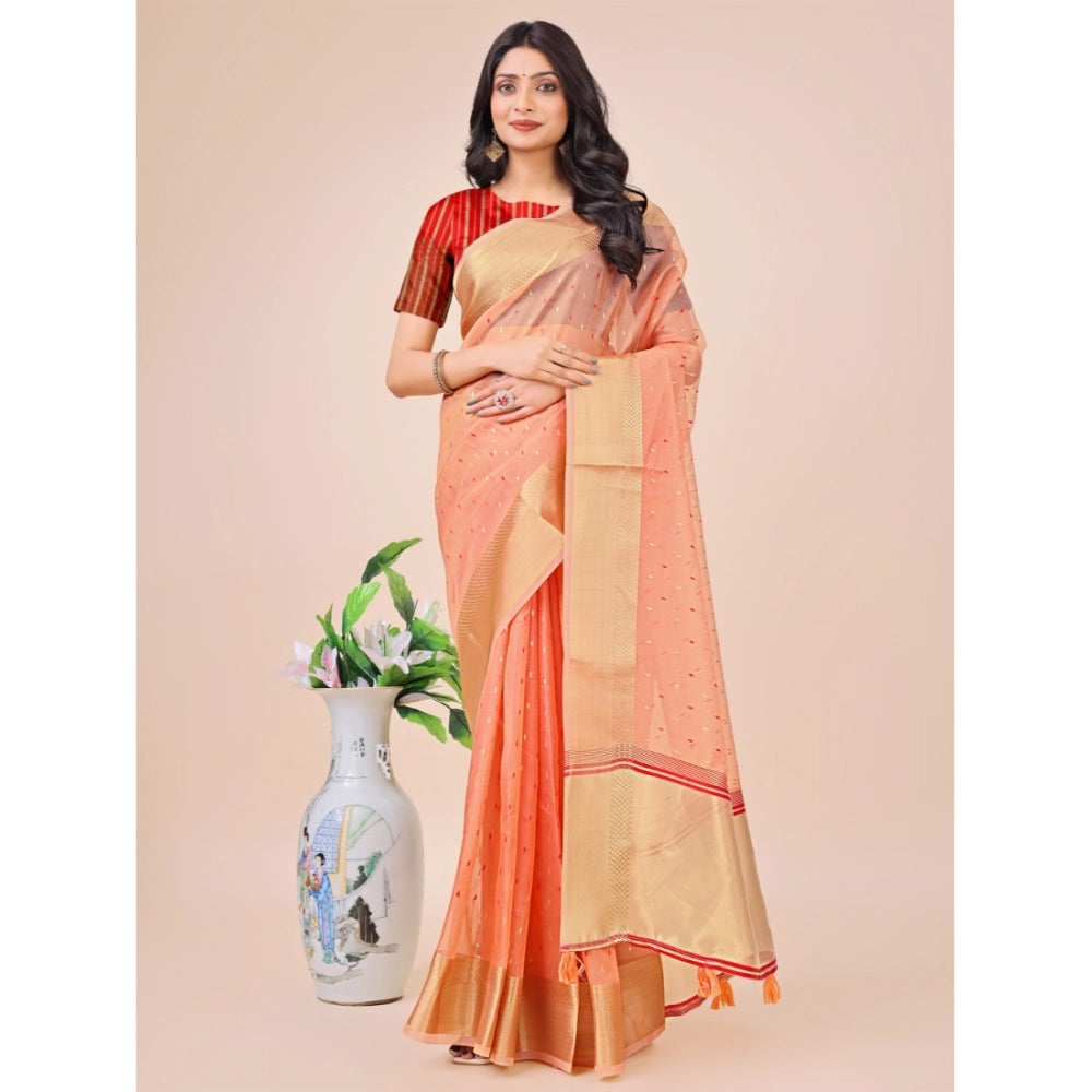 Peach organza printed saree with unstitched blouse (5.5mtr), elegant home wear for women