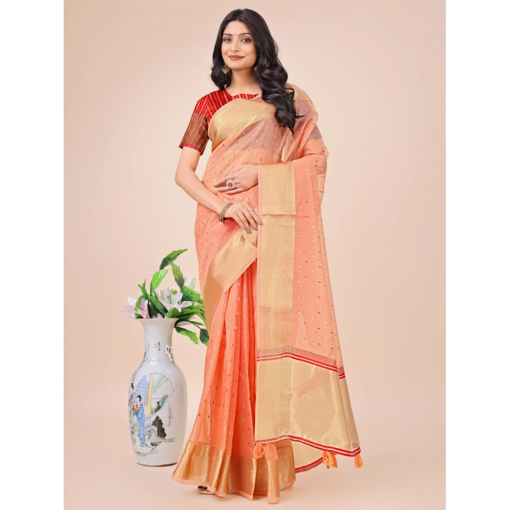 Peach organza printed saree with unstitched blouse (5.5Mtr), vibrant Indian fashion wear for women on mannequin
