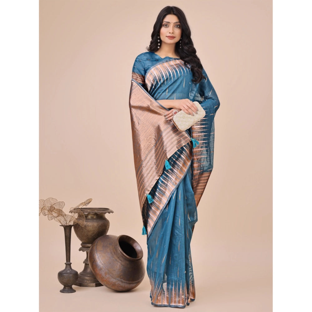 Blue linen-cotton printed saree with unstitched blouse, 5.5Mtr (close-up)