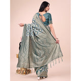 Green cotton printed saree with unstitched blouse (5.5mtr), vibrant design for women's traditional wear