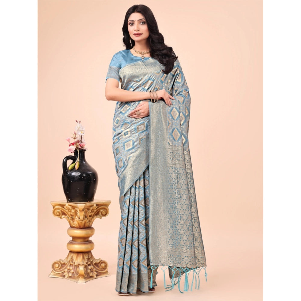Sky blue cotton printed saree with unstitched blouse, 5.5Mtr length on mannequin