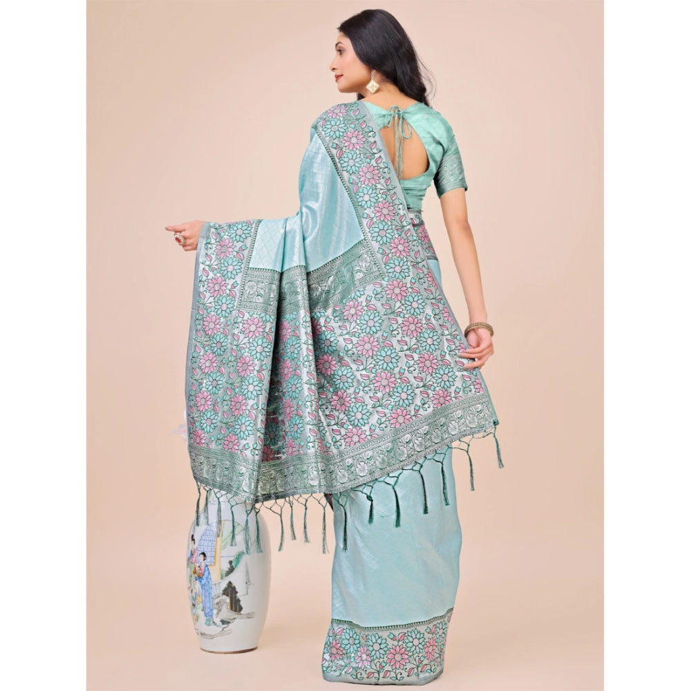 Teal Lichi silk printed saree with unstitched blouse, vibrant Indian fashion accessory for women
