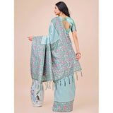 Teal Lichi silk printed saree with unstitched blouse, vibrant Indian fashion accessory for women