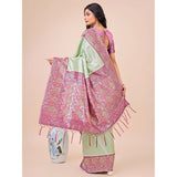 Olive green lichi silk printed saree with unstitched blouse, 5.5mtr length