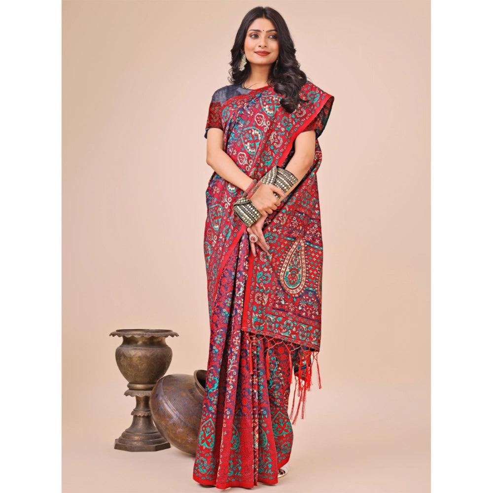 Red cotton printed saree with unstitched blouse (5.5Mtr), color may vary slightly due to lighting and screens