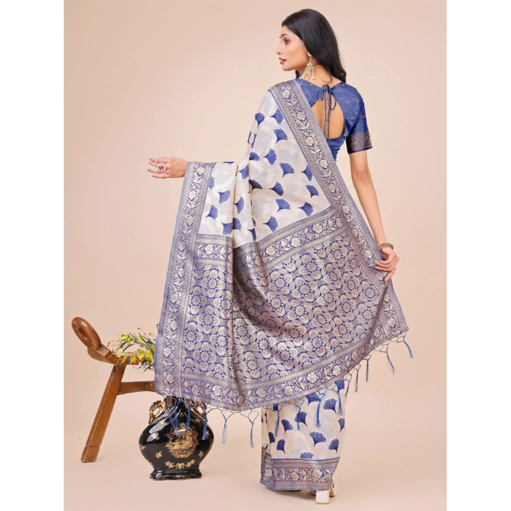 Blue linen cotton printed saree with unstitched blouse, 5.5Mtr, vibrant floral design