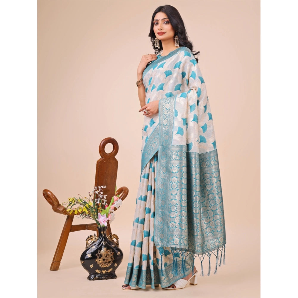 Teal linen cotton printed saree with unstitched blouse, vibrant Indian fashion accessory