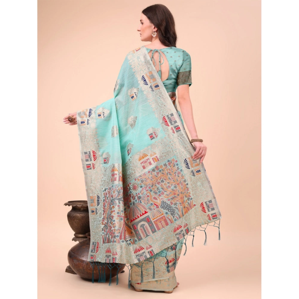 Sky blue linen cotton printed saree with unstitched blouse, 5.5mtr, vibrant traditional Indian attire
