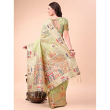 Light green linen-cotton printed saree with unstitched blouse, vibrant design for traditional Indian wear