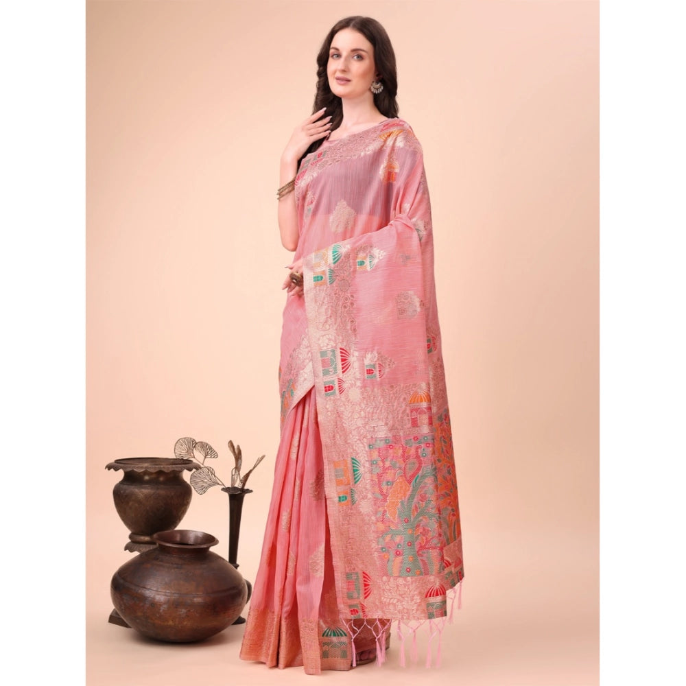 Women's pink linen cotton printed saree with unstitched blouse, vibrant pattern on 5.5Mtr length