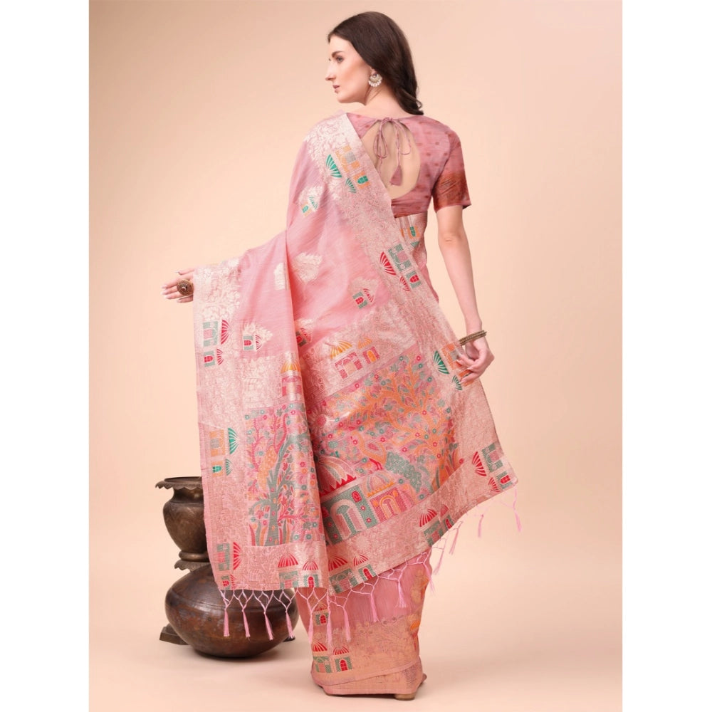 Pink linen cotton printed saree with unstitched blouse (5.5Mtr), stylish ethnic wear for women