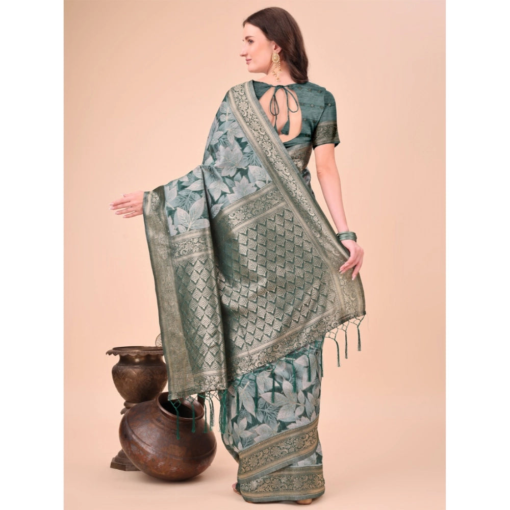 Green cotton printed saree with unstitched blouse (5.5Mtr) - vibrant, traditional Indian wear for women