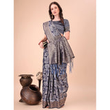 Navy blue cotton printed saree with unstitched blouse, vibrant pattern for traditional Indian wear