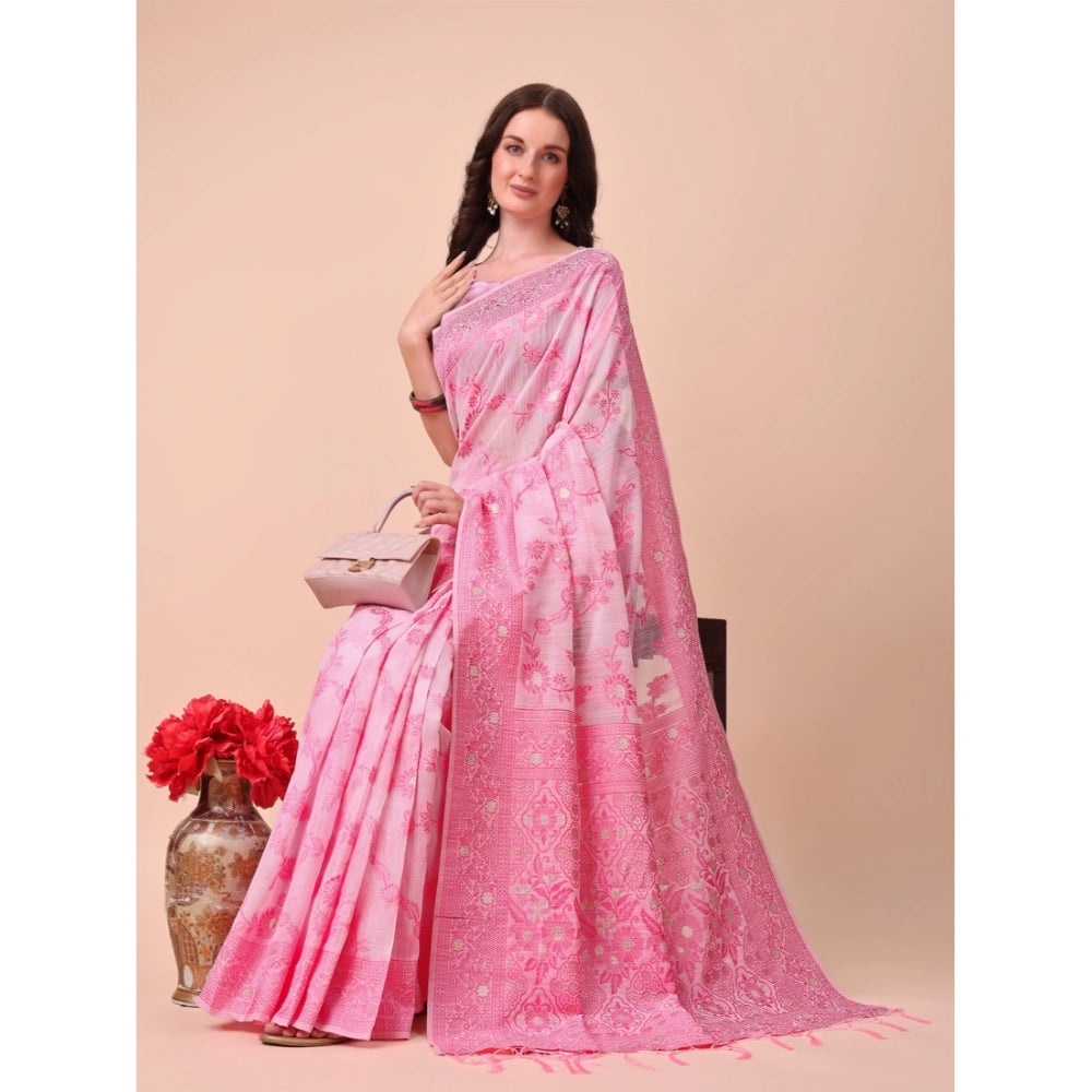 Pink cotton printed saree with unstitched blouse (5.5mtr), vibrant Indian fashion for women