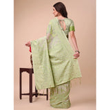 Light green cotton printed saree with unstitched blouse, vibrant Indian fashion for women on mannequin