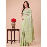 Light green cotton printed saree with unstitched blouse, vibrant floral patterns for Indian women's traditional wear