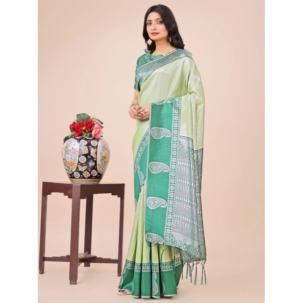 Light green lichi silk printed saree with unstitched blouse (5.5mtr), elegant Indian traditional wear on mannequin