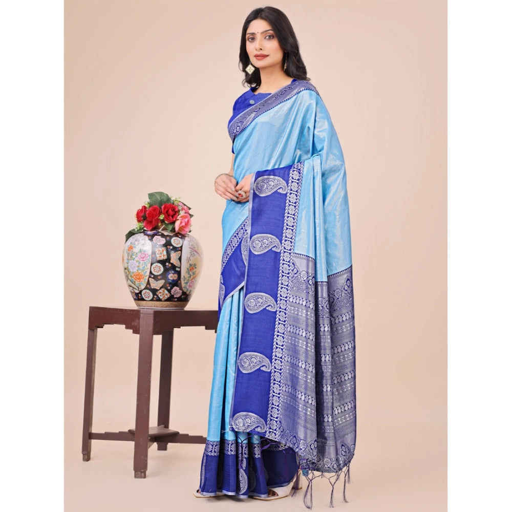Sky blue lichi silk printed saree with unstitched blouse, vibrant silken fabric for traditional Indian women's fashion