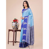 Sky blue lichi silk printed saree with unstitched blouse, vibrant silken fabric for traditional Indian women's fashion