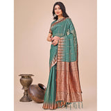 Green linen-cotton printed saree with unstitched blouse, 5.5Mtr