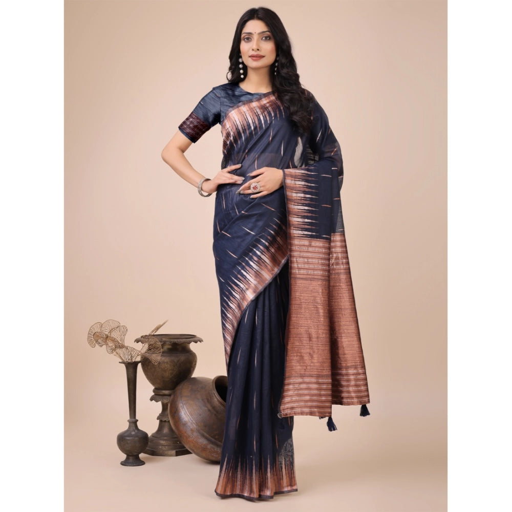 Navy blue linen-cotton printed saree with unstitched blouse, 5.5mtr, traditional Indian wear
