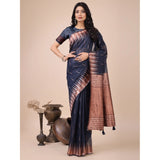 Navy blue linen-cotton printed saree with unstitched blouse, 5.5mtr, traditional Indian wear