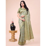 Mhendi Green cotton printed saree with unstitched blouse, vibrant Indian traditional wear on mannequin