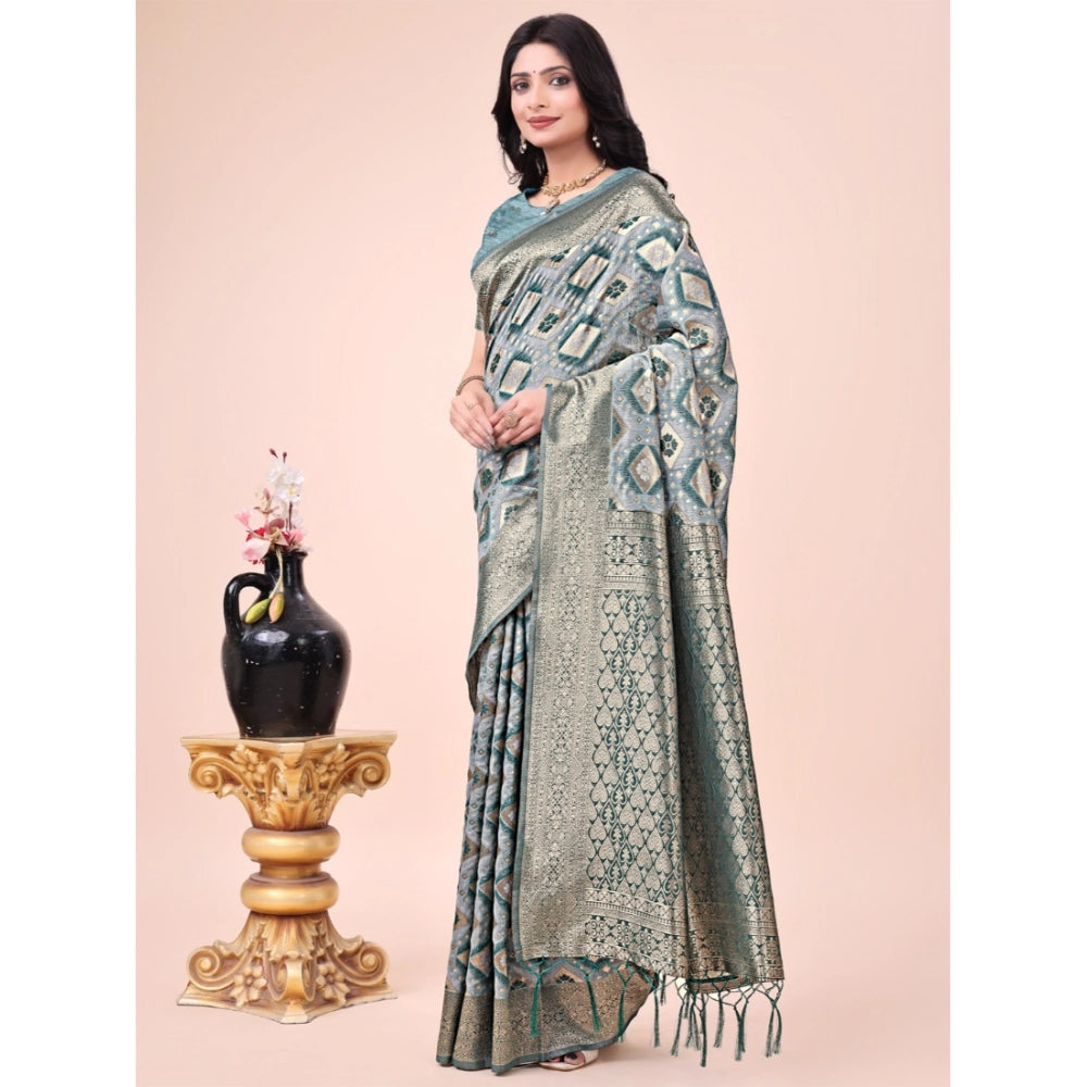 Green cotton printed saree with unstitched blouse (5.5mtr) - vibrant floral design on traditional Indian attire