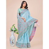Teal lichi silk printed saree with unstitched blouse, vibrant Indian fashion accessory