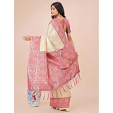 Cream lichi silk printed saree with unstitched blouse, 5.5mtr - vibrant Indian fashion for women