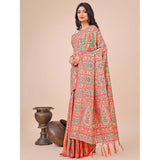 Cream cotton printed saree with unstitched blouse (5.5mtr), traditional Indian wear for women